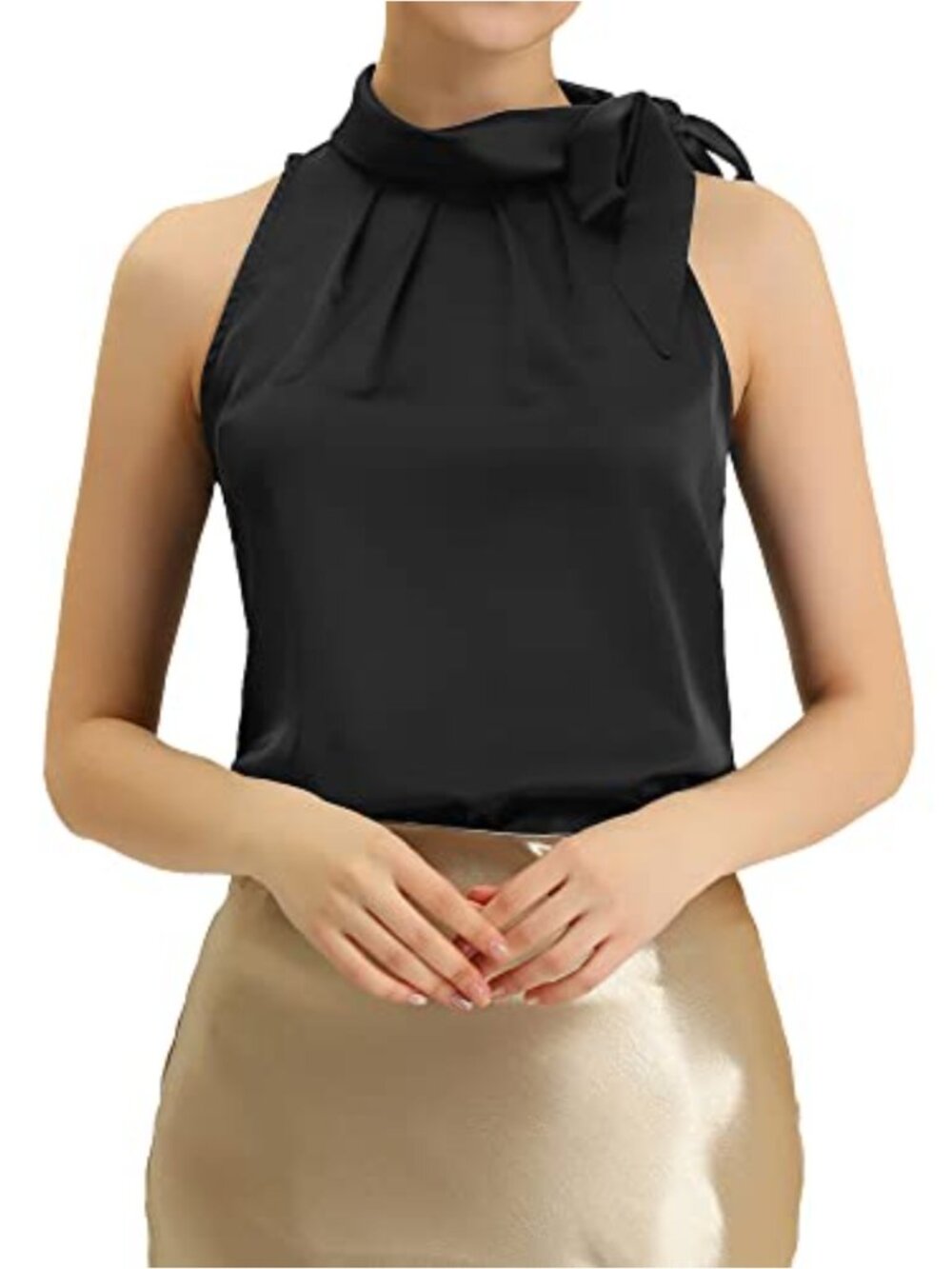 Satin Tank Top Bow Tie Mock Neck Sleeveless Work Blouse